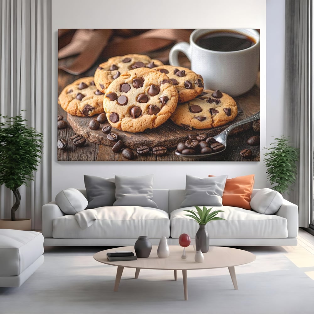 Tablou canvas cu tablou canvas cu fursecuri si cafea, fara rama, pe sasiu de lemn, pe perete intr-un living